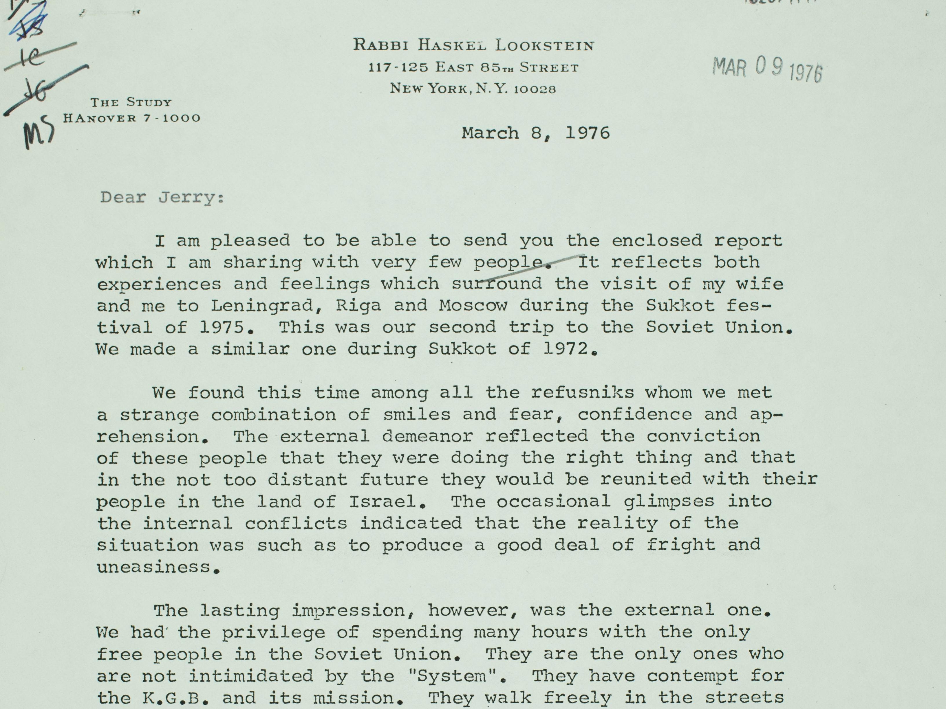 Rabbi and Mrs. Haskel Lookstein, trip report submitted March 1976